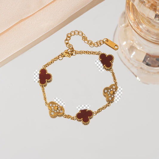 ⚜️B83: 18k Gold Plated Stainless Steel Minimalist Bracelet: Golden Dark Red Clover✨
