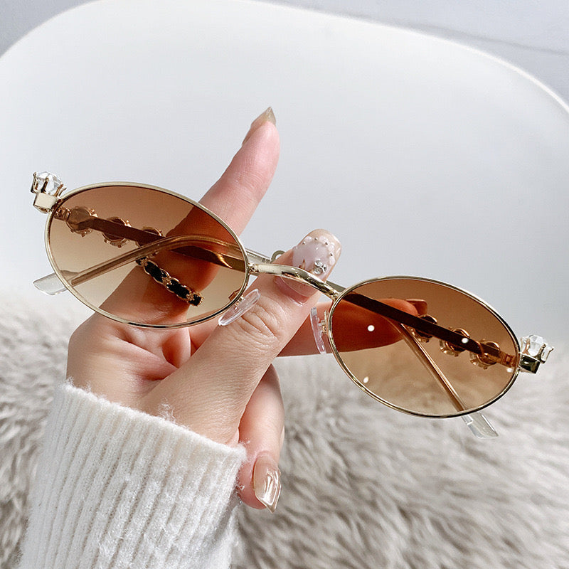 S36: Pinteresty Y2K Diamond Metal Oval Sunglasses - Brown + Golden (with box)