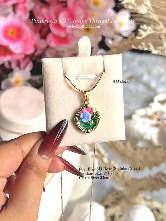 🫧P07:Pinteresty 3D Vintage Pendants: Blue 3D Rose(Stainless Steel) ✨
