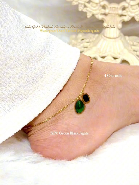 ✨A29: 18k Gold Plated Stainless Steel Anklet:Green Black Agrate✨