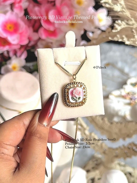 🫧P10:Pinteresty 3D Vintage Pendants: Pink 3D Rose(Stainless Steel) ✨