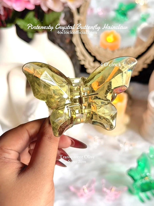 🦋✨Big Crystal Clear Butterfly Hair Claw : Transparent Olive✨🦋