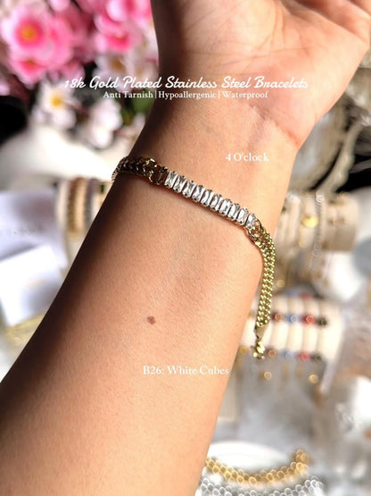 ⚜️B26: 18k Gold Plated Stainless Steel Minimalist Bracelet:White Cubes✨