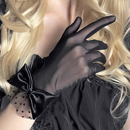 Vintage Mesh Handgloves: Black Bow (Black) - 1pair🖤🎀✨