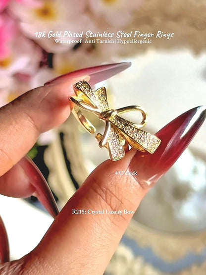 💍R215: 18k Gold Plated Stainless Steel Finger Rings: Crystal Luxury Bow✨ (With Box)