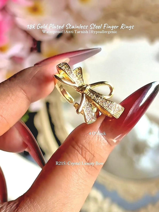 💍R215: 18k Gold Plated Stainless Steel Finger Rings: Crystal Luxury Bow✨ (With Box)