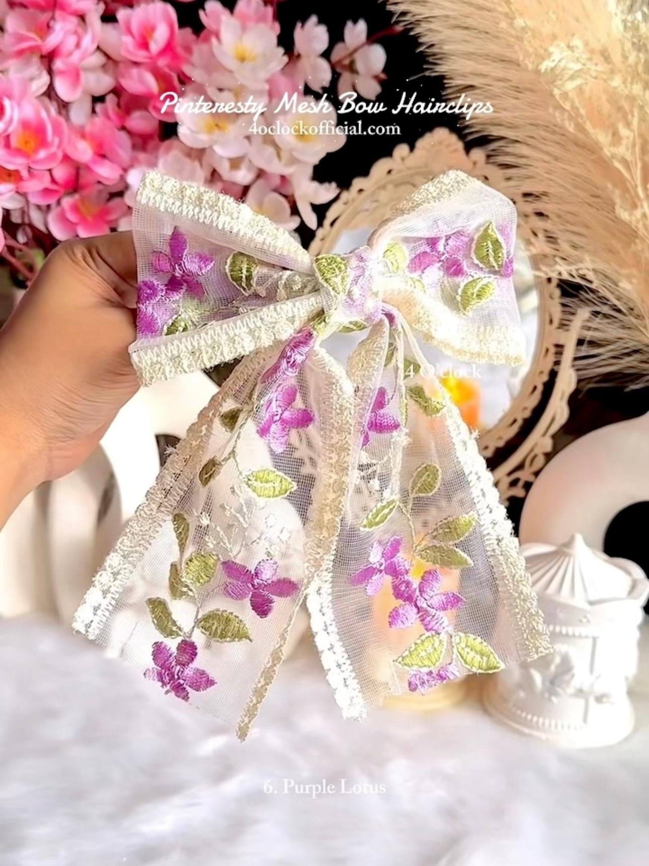 🎀💌6. Pinteresty Mesh Bow Floral Embroidery Hairclip - Purple Lotus  🌸✨