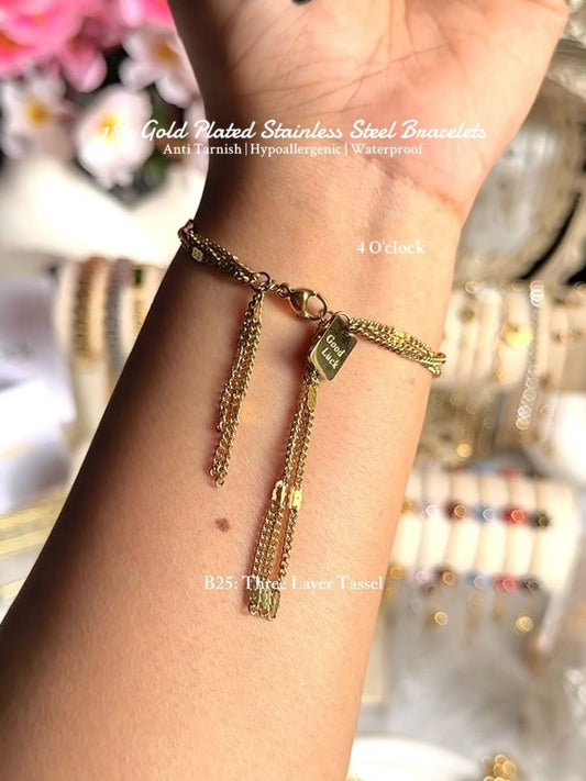 ⚜️B25: 18k Gold Plated Stainless Steel Minimalist Bracelet: Three Layer Tassel✨