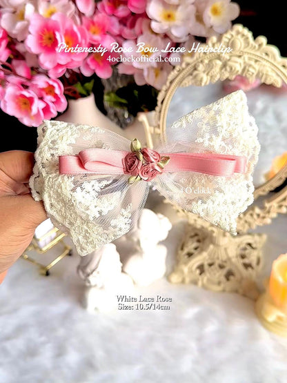 💐Pinteresty 3D Rose Bow Lace Hairclip - White Lace Rose✨