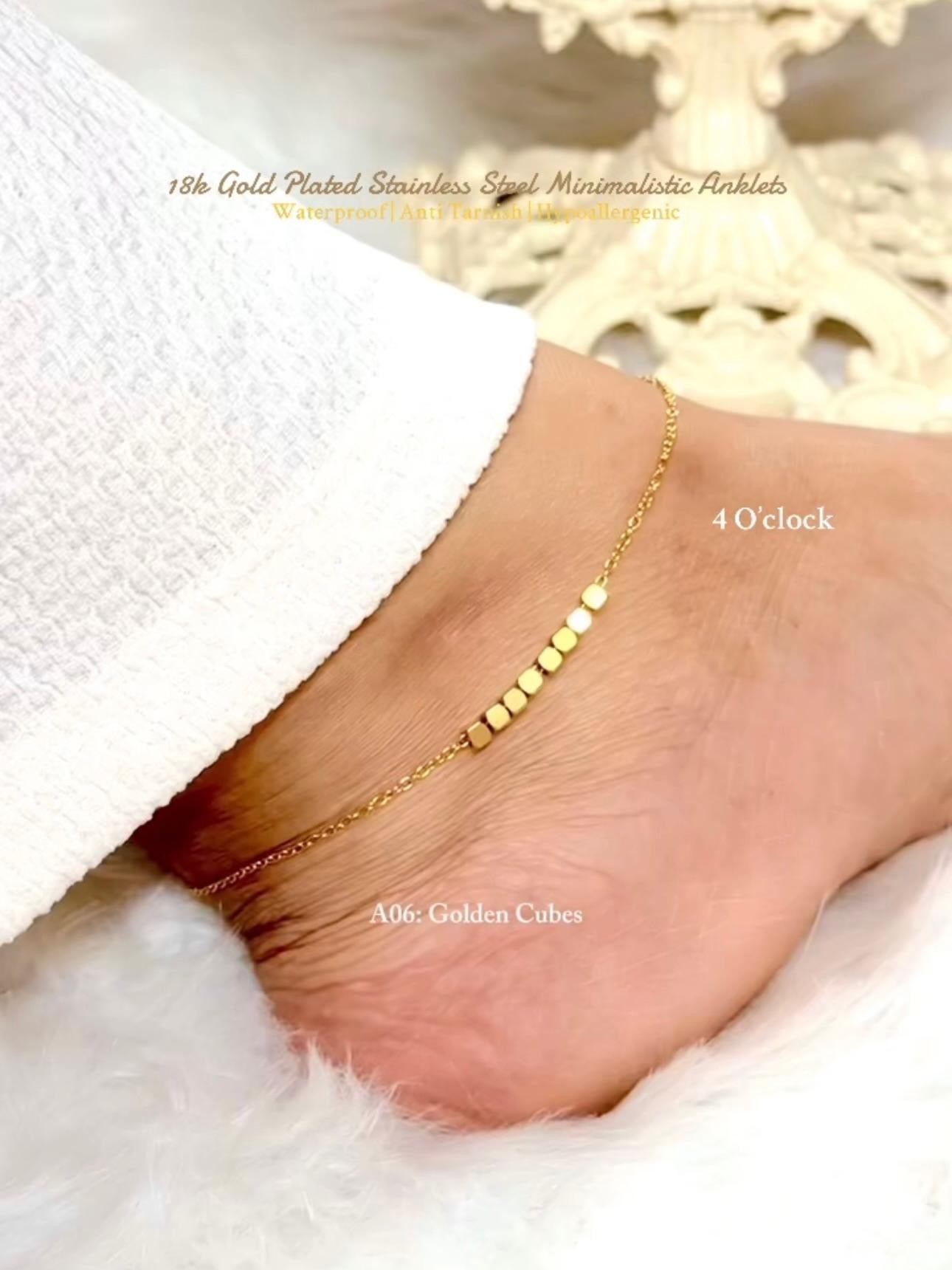 ✨A06: 18k Gold Plated Stainless Steel Anklet:Golden Cubes✨