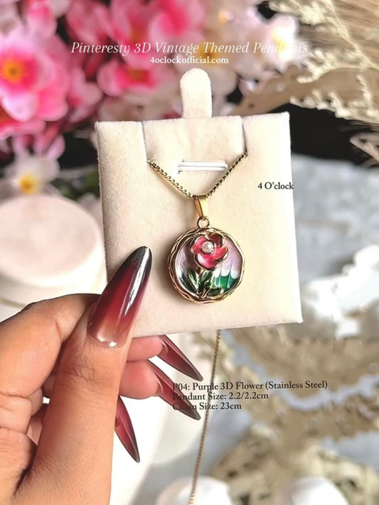 🫧P04:Pinteresty 3D Vintage Pendants: Purple 3D Flower(Stainless Steel) ✨