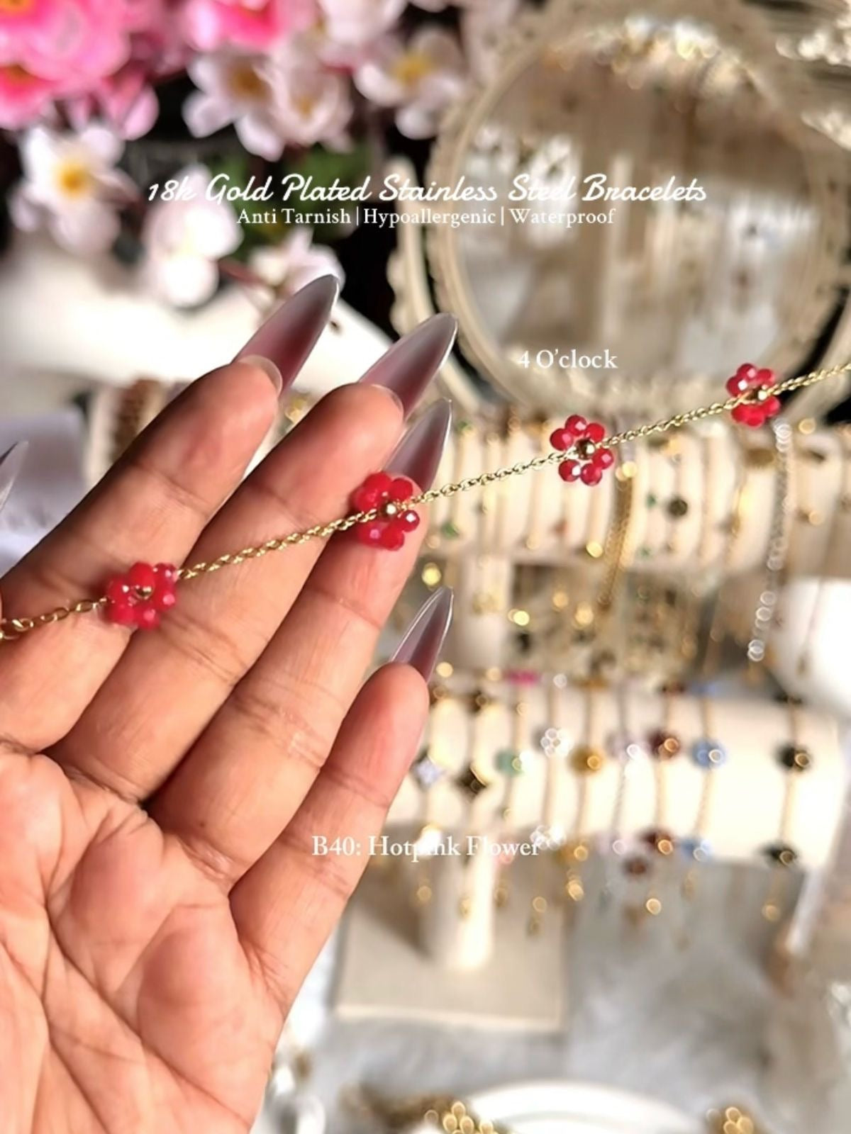 ⚜️B40: 18k Gold Plated Stainless Steel Minimalist Bracelet:Hotpink Flower✨