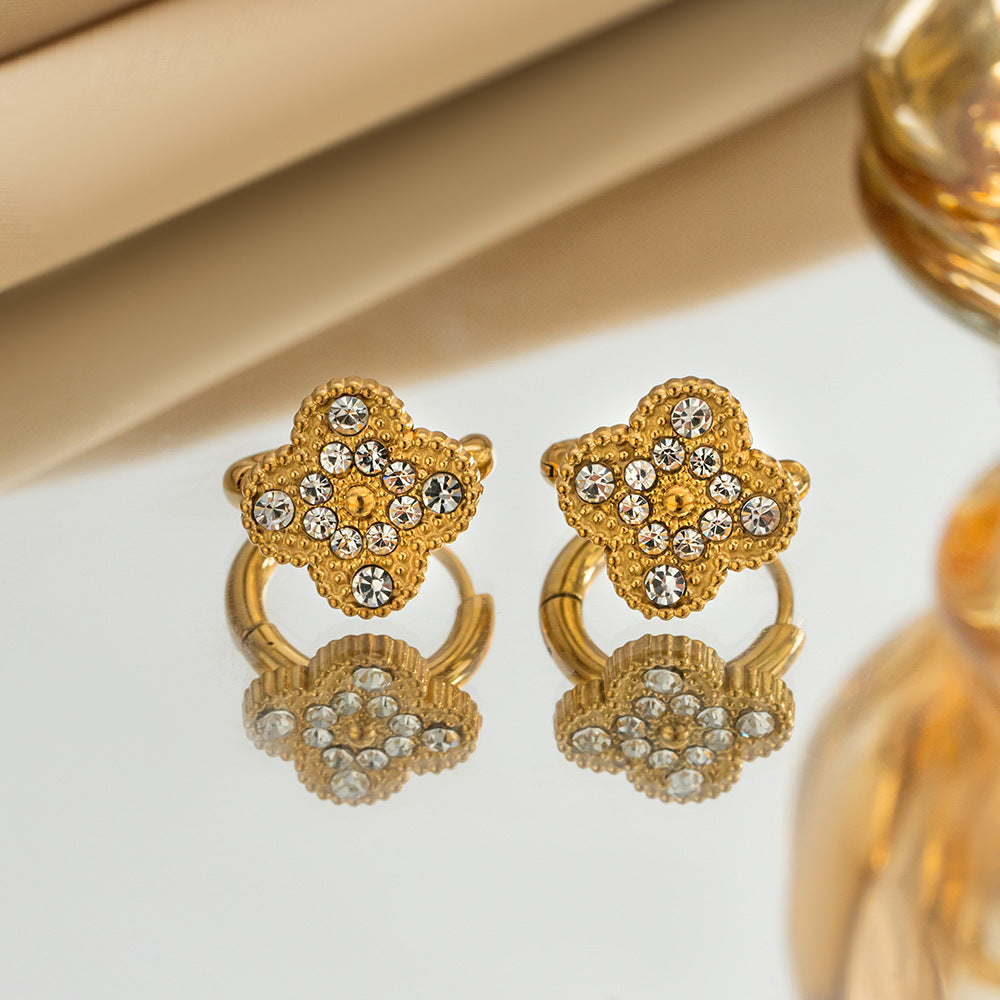 E10: 18k Gold Plated Stainless Steel Gold Hoop: Four Petal Bloom