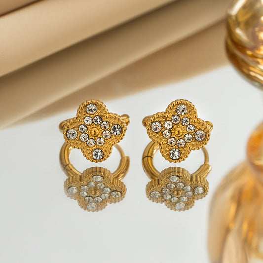 E10: 18k Gold Plated Stainless Steel Gold Hoop: Four Petal Bloom