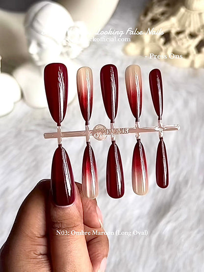 💅N03: Press On Nails: Ombre Maroon (Long Oval).✨ Size: XS