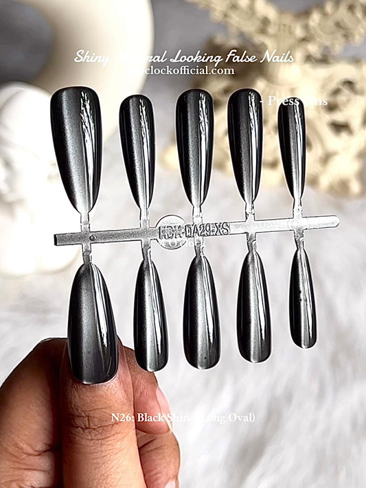 💅N26: Press On Nails: Black Shine (Long Oval).✨ Size XS