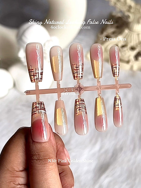 💅N30: Press On Nails: Pink Golden Shine.✨ Size XS
