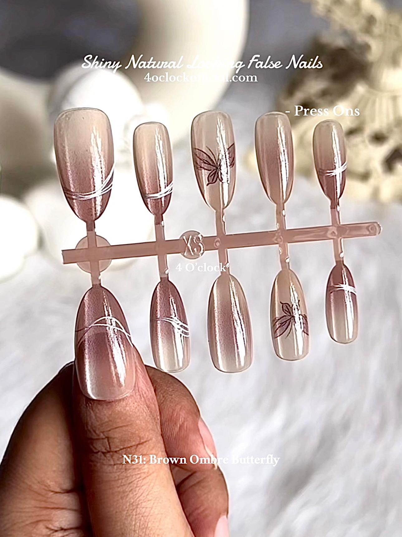 💅N31: Press On Nails: Brown Ombre Butterfly.✨ Size XS