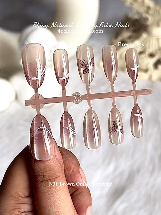 💅N31: Press On Nails: Brown Ombre Butterfly.✨ Size XS