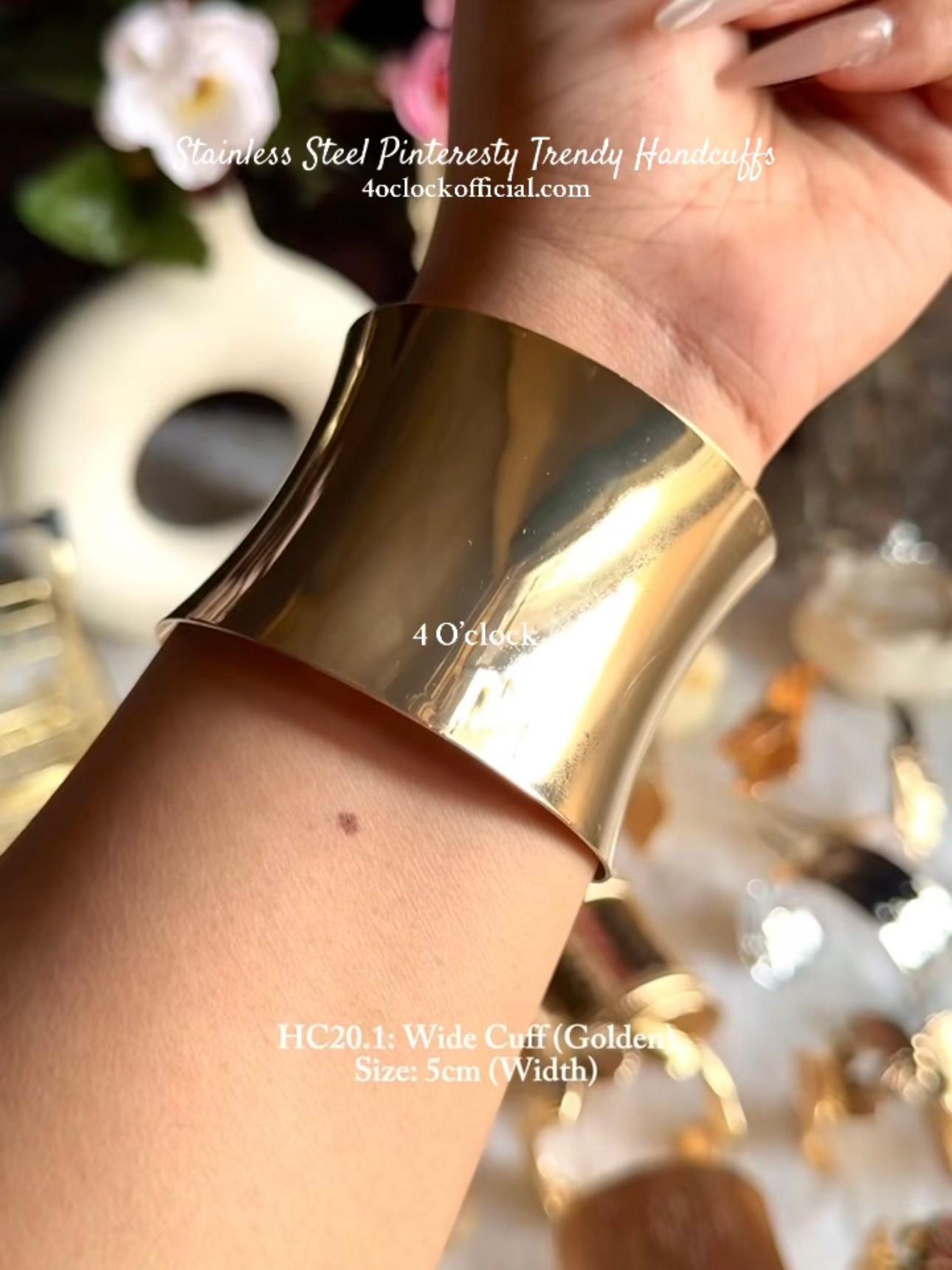 Adjustable Stainless Steel Handcuff Bracelet – Silver With Gold Plated Accents – Round Cuff Style