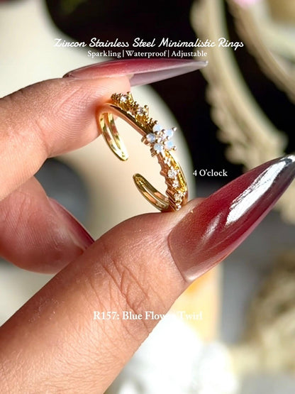 💍R157: Stainless Steel Zircon Minimalistic Finger Ring: Blue Floer Twirl (With Box)✨