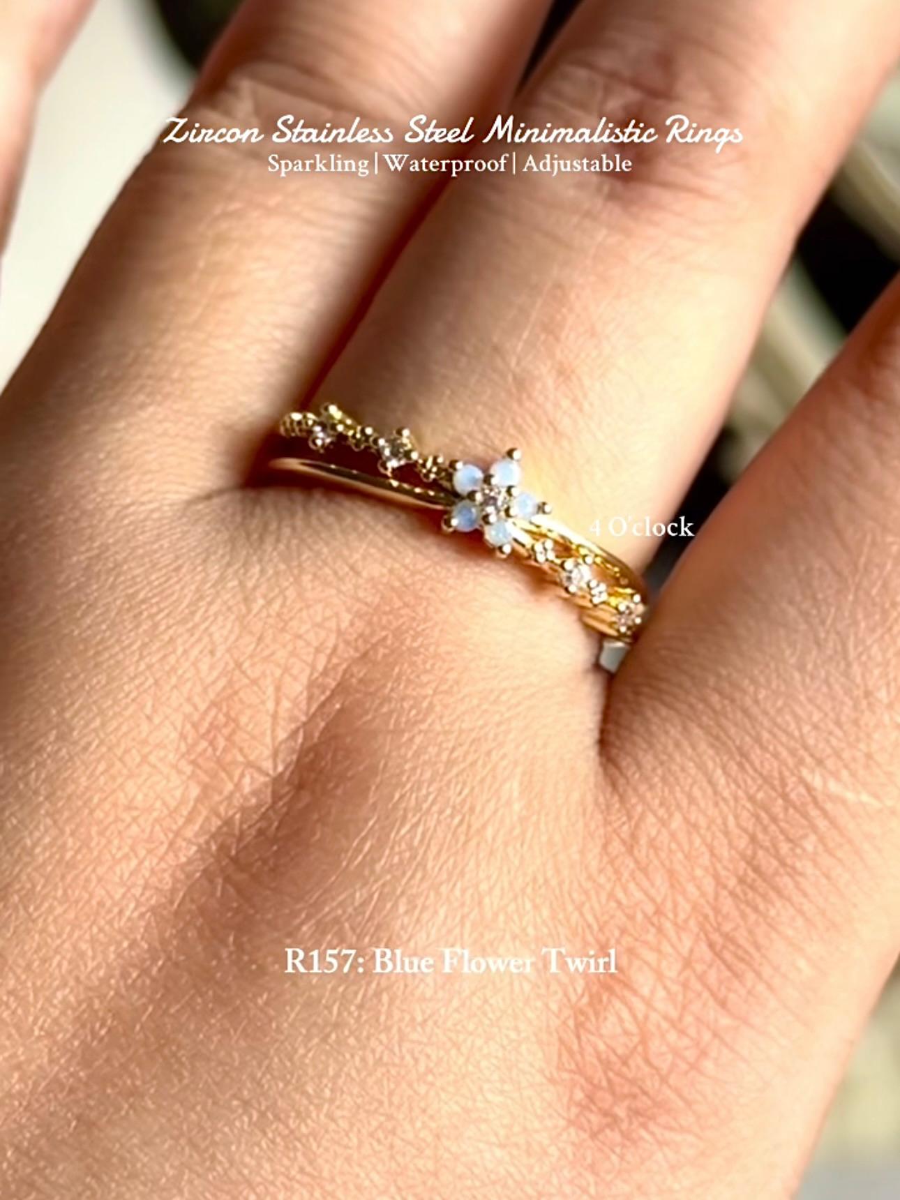 💍R157: Stainless Steel Zircon Minimalistic Finger Ring: Blue Floer Twirl (With Box)✨