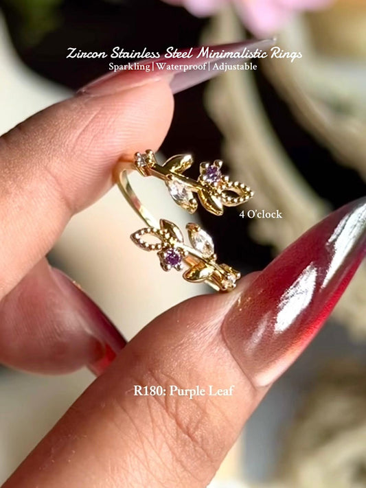 💍R180: Stainless Steel Zircon Minimalistic Finger Ring: Purple Leaf (With Box)✨