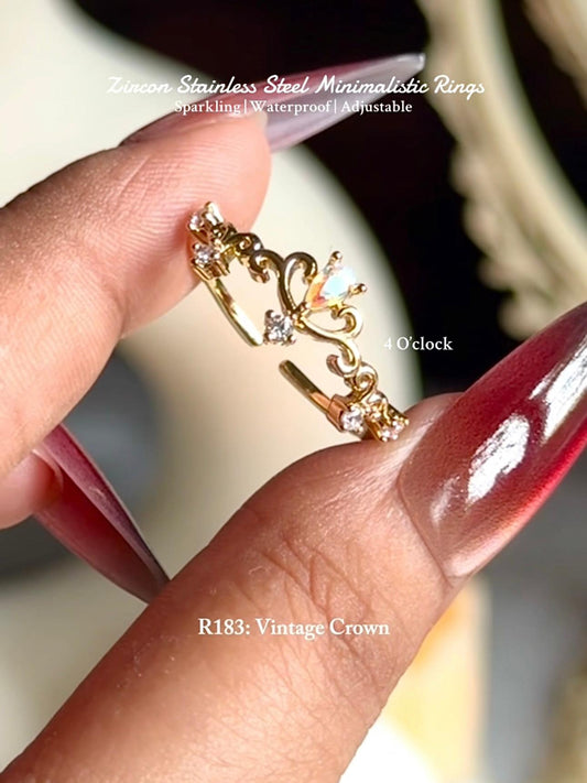 💍R183: Stainless Steel Zircon Minimalistic Finger Ring: Vintage Crown (With Box)✨(1Pc)