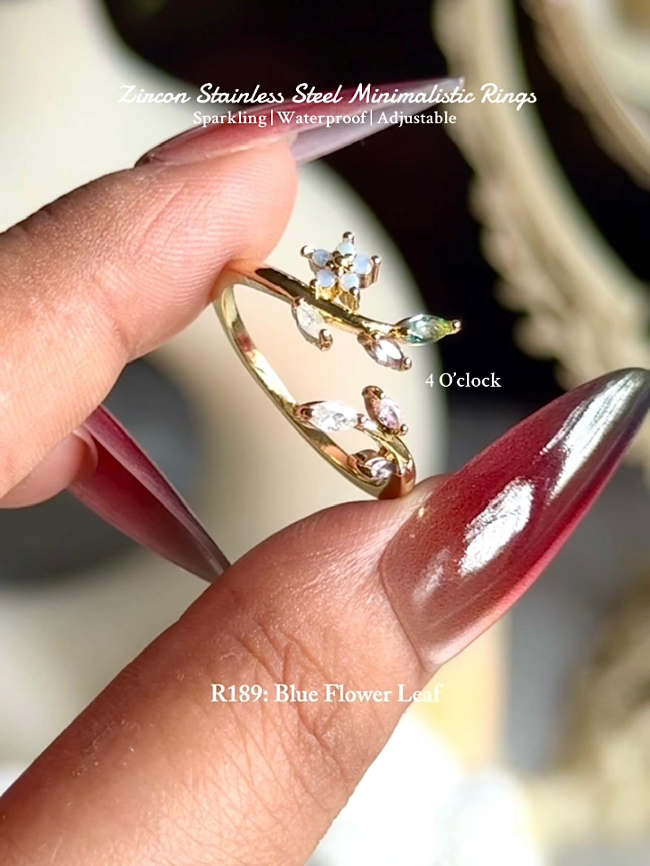 💍R189: Stainless Steel Zircon Minimalistic Finger Ring: Blue Flower Leaf (With Box)✨