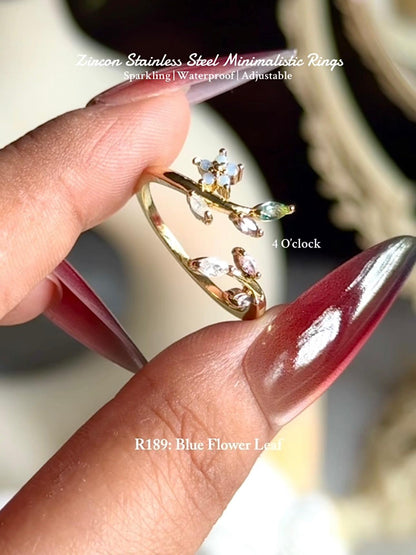 💍R189: Stainless Steel Zircon Minimalistic Finger Ring: Blue Flower Leaf (With Box)✨