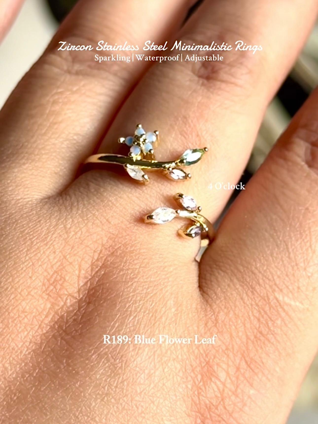 💍R189: Stainless Steel Zircon Minimalistic Finger Ring: Blue Flower Leaf (With Box)✨