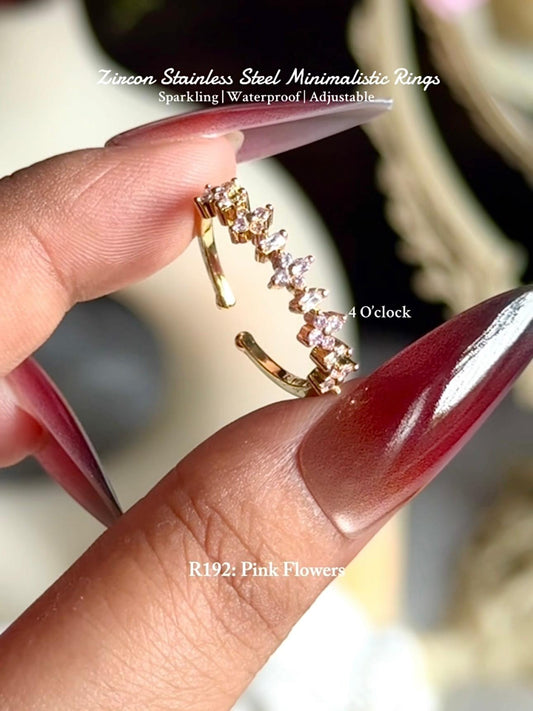 💍R192: Stainless Steel Zircon Minimalistic Finger Ring: Pink Flowers (With Box)✨