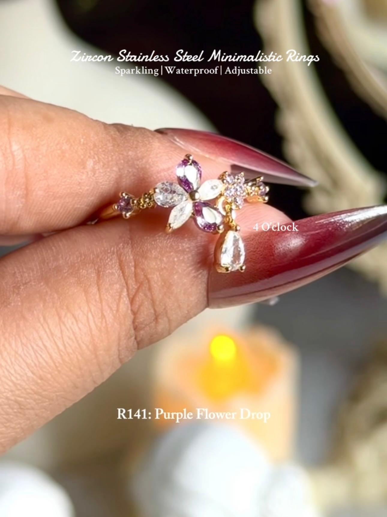 💍R141: Stainless Steel Zircon Minimalistic Finger Ring: Purple Flower Drop (With Box)✨