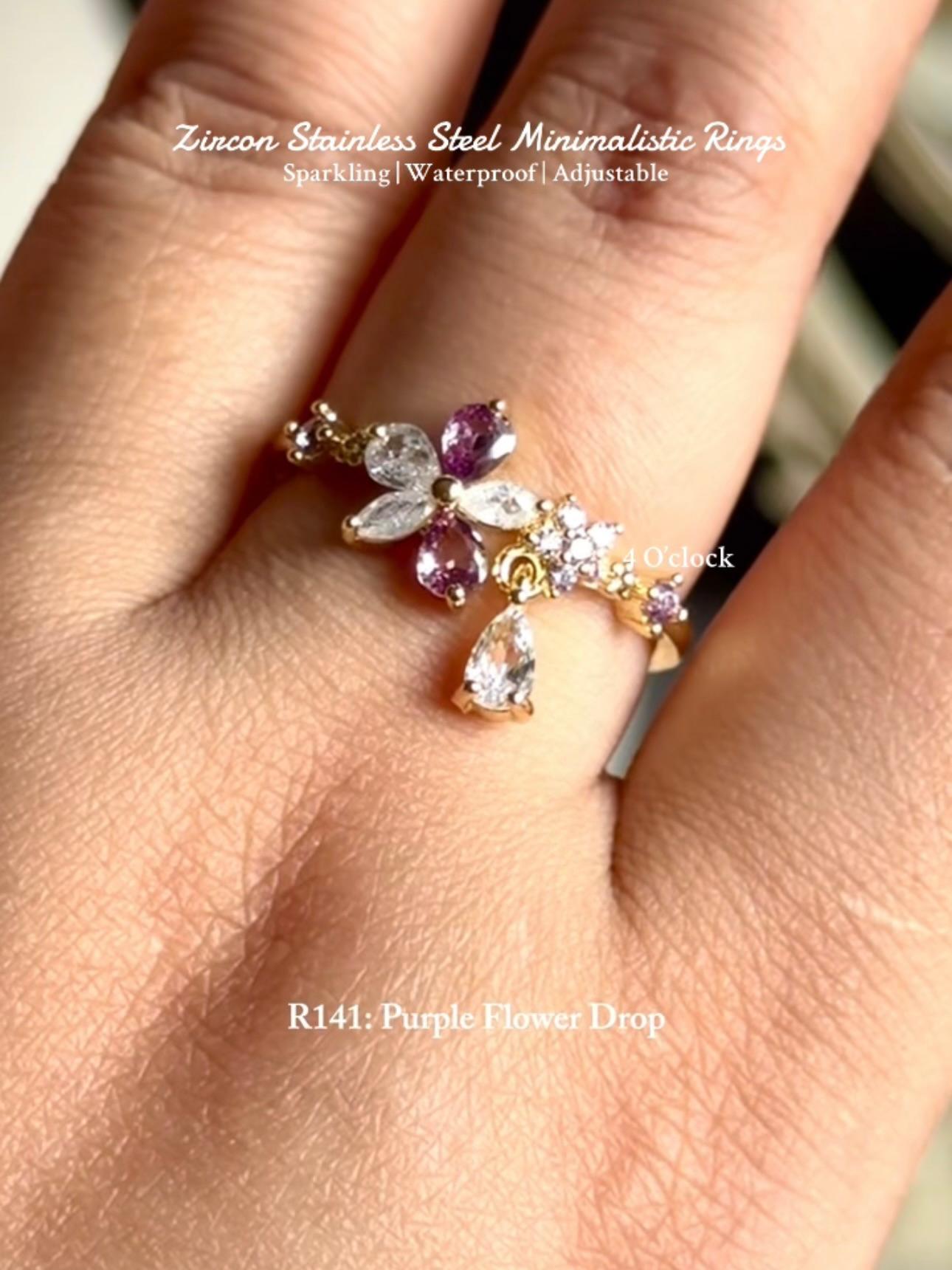 💍R141: Stainless Steel Zircon Minimalistic Finger Ring: Purple Flower Drop (With Box)✨