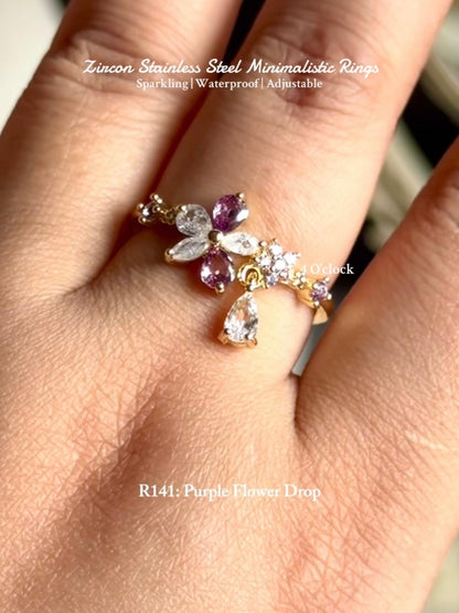 💍R141: Stainless Steel Zircon Minimalistic Finger Ring: Purple Flower Drop (With Box)✨