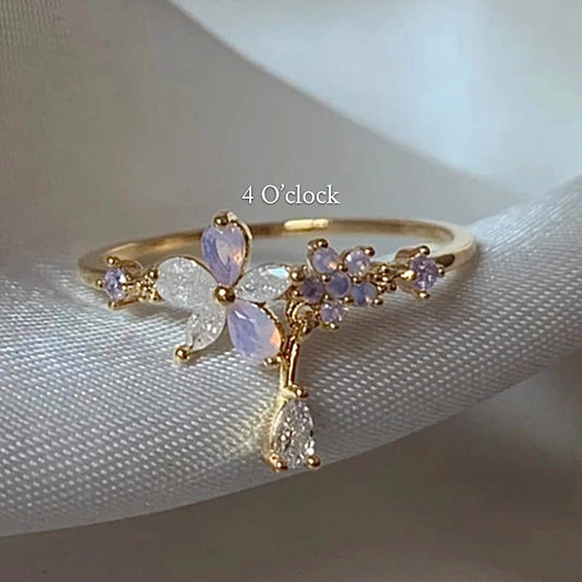 💍R141: Stainless Steel Zircon Minimalistic Finger Ring: Purple Flower Drop (With Box)✨