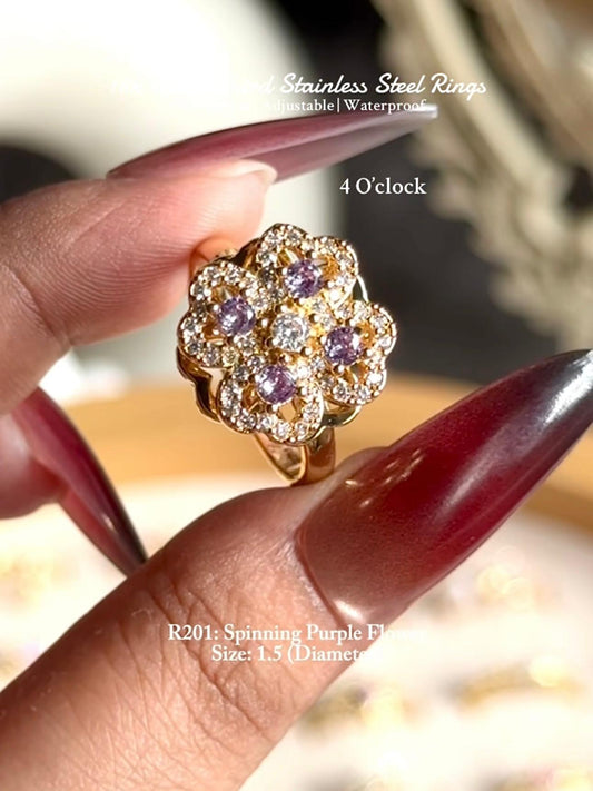 💍R201: Stainless Steel Zircon Minimalistic Finger Ring: Spinning Anxiety Purple Flower (With Box)✨