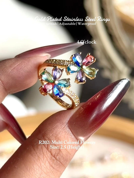 💍R202: Stainless Steel Zircon Minimalistic Finger Ring: Multi Colored Flowers (With Box)✨