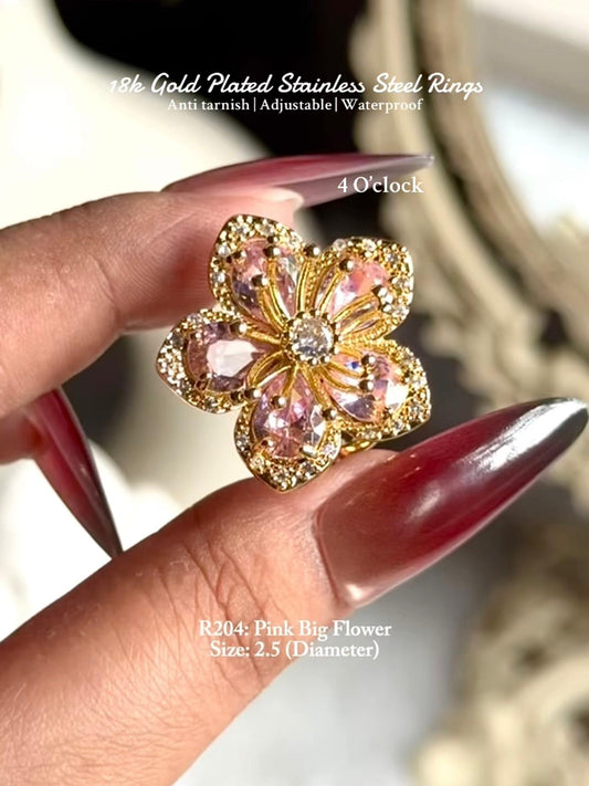 💍R204: Stainless Steel Zircon Minimalistic Finger Ring: Pink Big Flower (With Box)✨