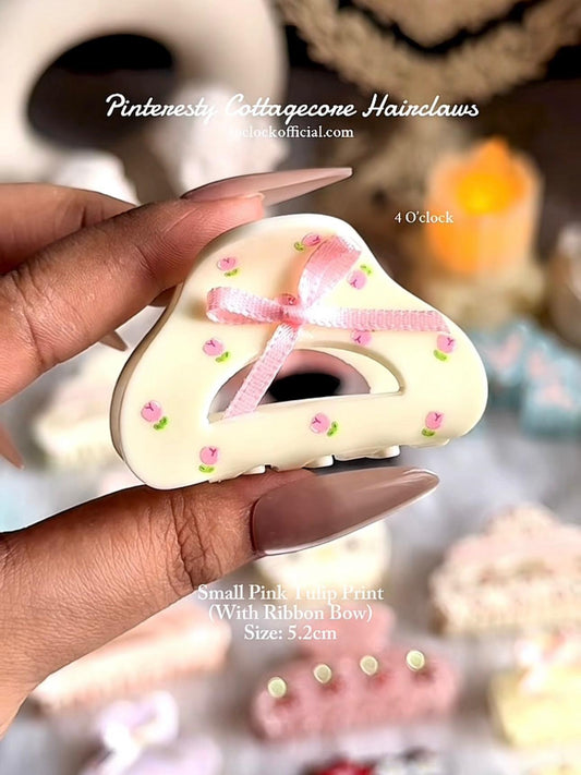 🎀Cottagecore Hairclaw: Small Pink Tulip Print✨
