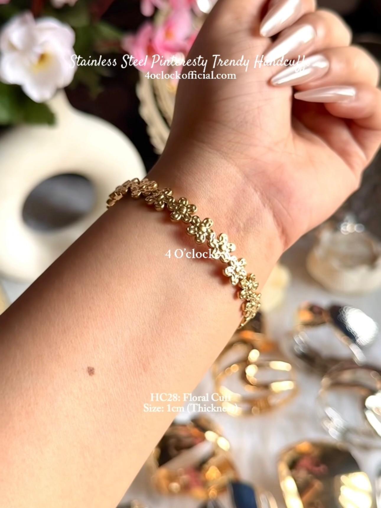 ✨HC28: 18k Gold Plated Stainless Steel Handcuff for Stack: Floral Symphony(Golden)✨