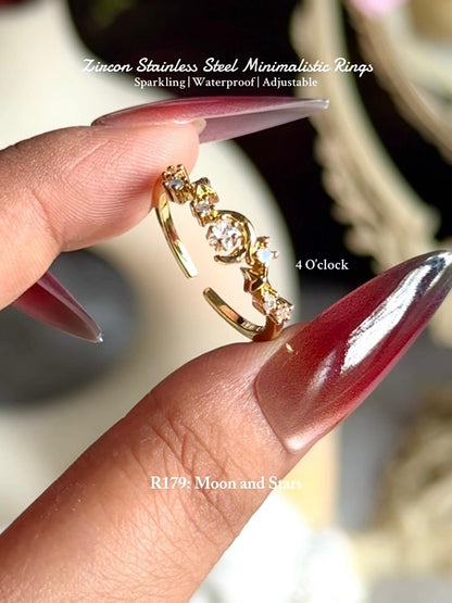 💍R179: Stainless Steel Zircon Minimalistic Finger Ring: Moon and Stars (With Box)✨