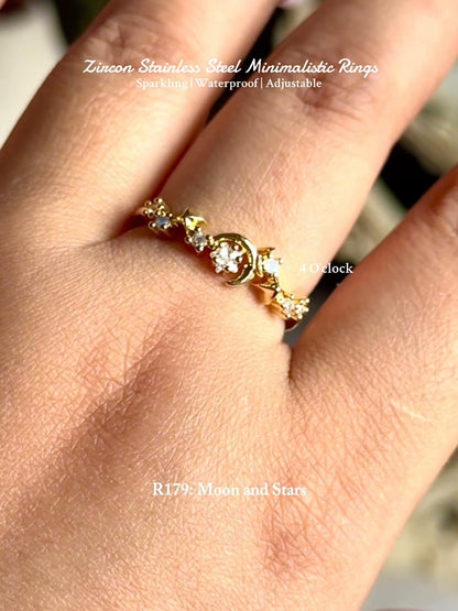 💍R179: Stainless Steel Zircon Minimalistic Finger Ring: Moon and Stars (With Box)✨