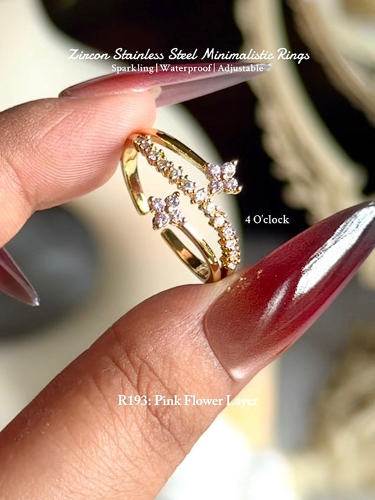 💍R193: Stainless Steel Zircon Minimalistic Finger Ring: Pink Flower Layer (With Box)✨