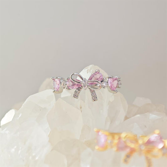 💍R196: Stainless Steel Zircon Minimalistic Finger Ring: Pink Bow (Silver) (With Box)✨