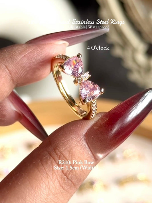 💍R210: 18k Gold Plated Stainless Steel Finger Rings: Pink Bow✨