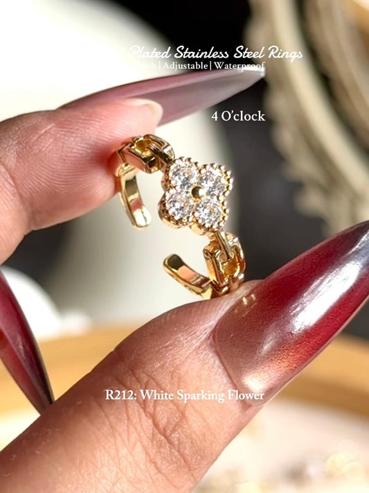 💍R212: 18k Gold Plated Stainless Steel Finger Rings: White Sparking Flower✨