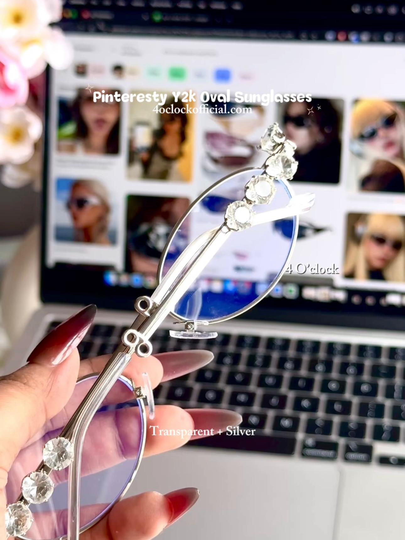S38: Pinteresty Y2K Diamond Metal Oval Sunglasses - Transparent + Silver (with box)