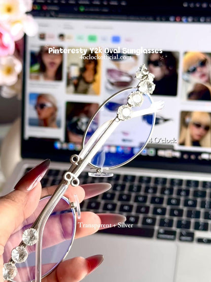 S38: Pinteresty Y2K Diamond Metal Oval Sunglasses - Transparent + Silver (with box)