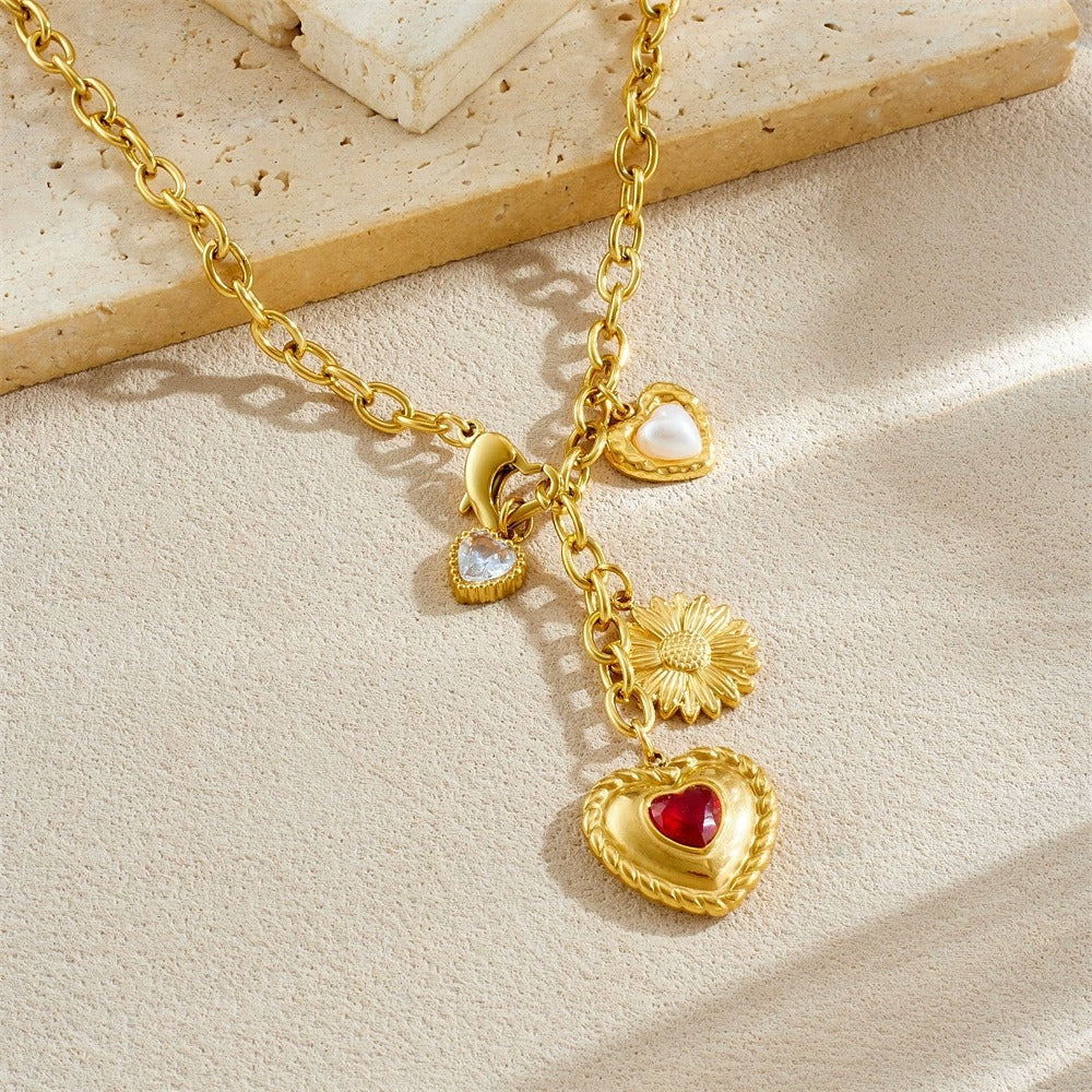 CN55: 18K Gold Plated Premium Stainless Steel Charm Necklace: Red Heart Daisy